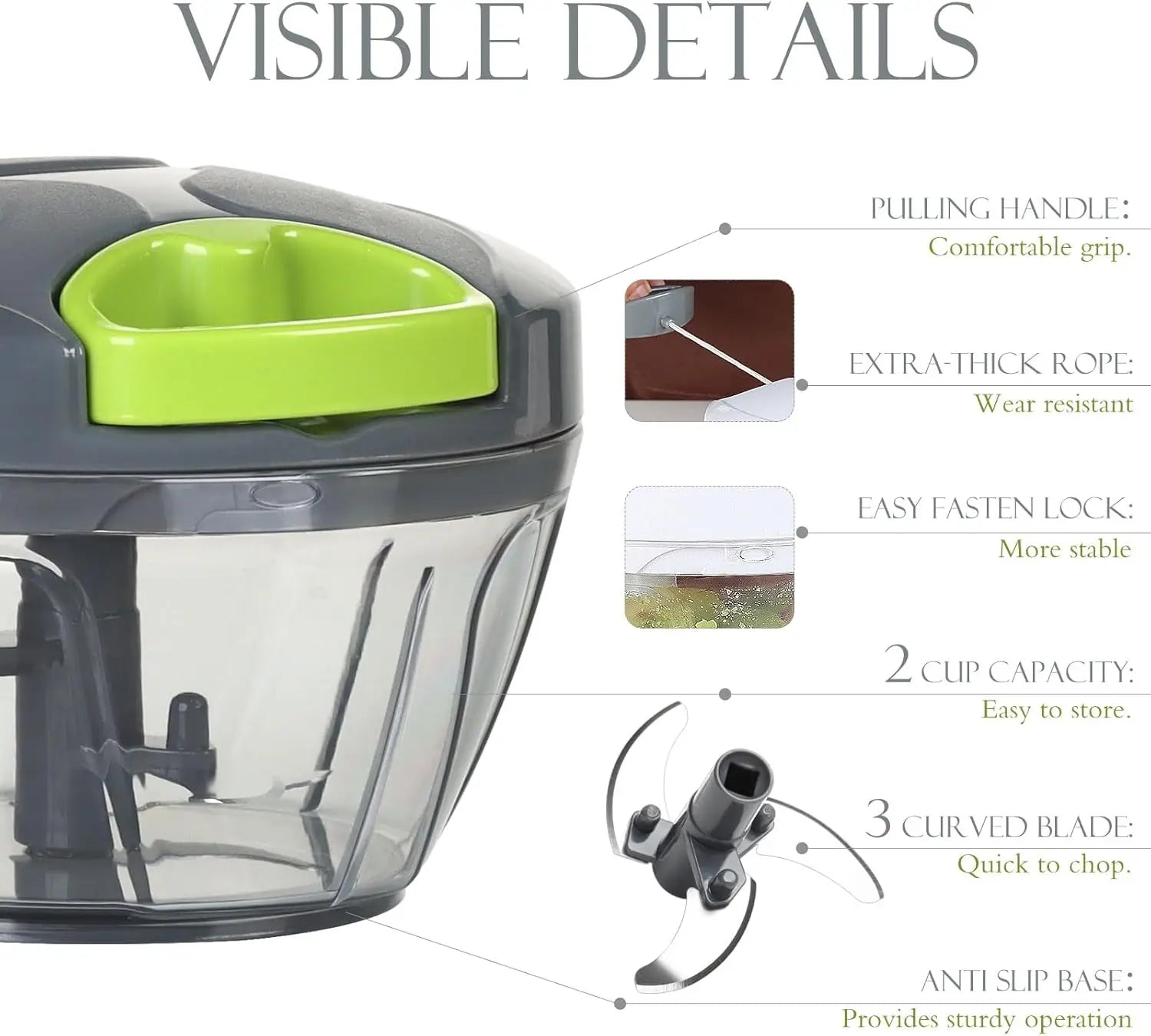 Manual Food Processor, Portable Hand-Pull String Chopper for Veggies, Garlic, Onion, Fruits, Nuts, 500ml Grey